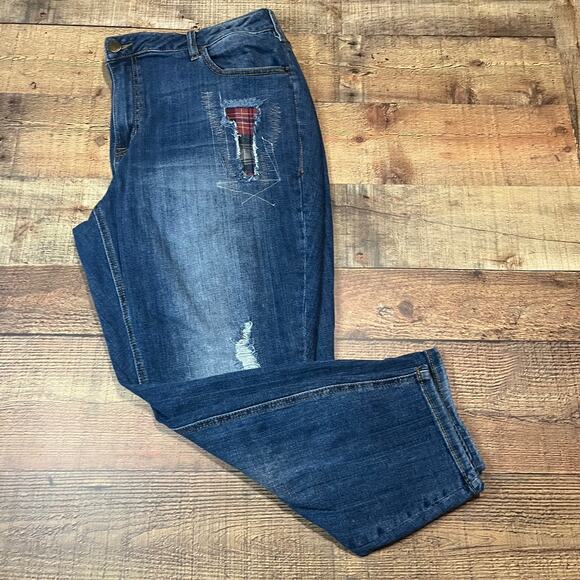 Lane Bryant | Women's Medium Wash Distressed Plaid Patches Skinny Jeans Sz 22P - Picture 1 of 5